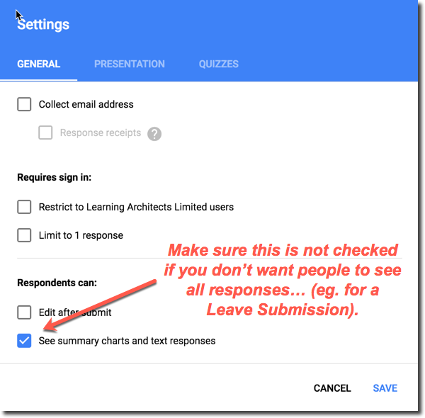 Form Settings > Settings > allow people to see other responses once submitted